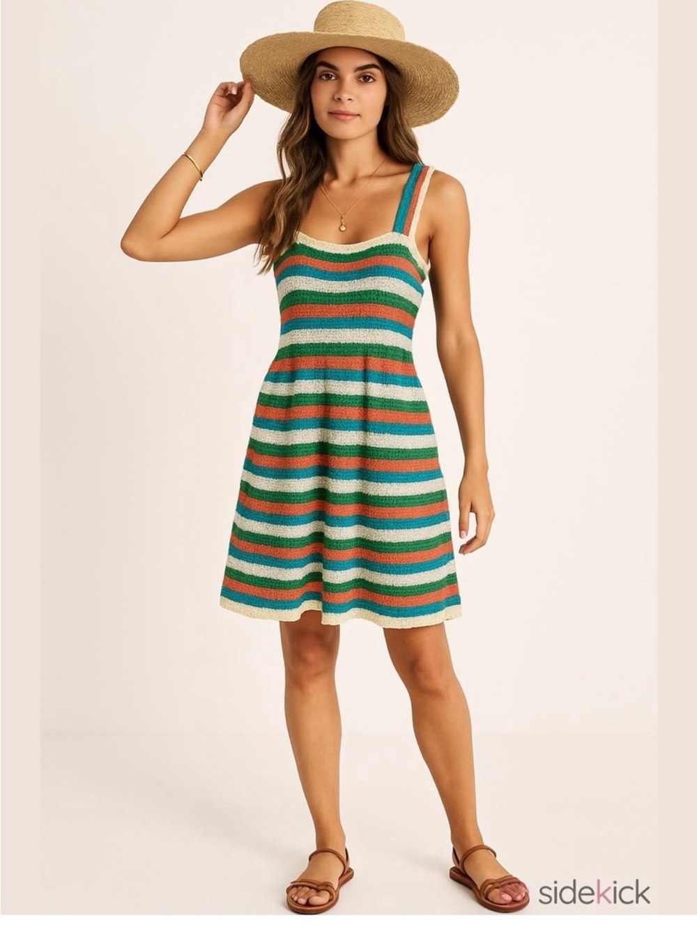 Zara Striped Knit Mini Dress in Green, Cream & Rust
